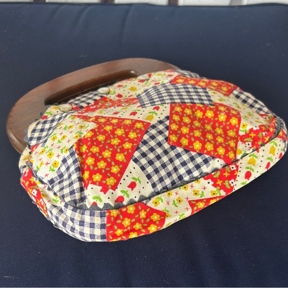 Vintage Patchwork Bermuda Bag with Wooden Handle - Picture 3 of 8